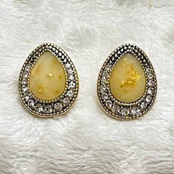Vintage Yellow Aventurine Stone, CZs, Gold Plated Pear Shaped Earrings-RARE - Picture 1 of 4